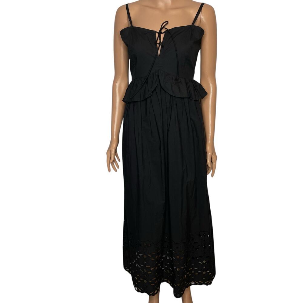 Caroline Constas New Embroidered Peplum Waist Spaghetti Strap Black Dress Sz M